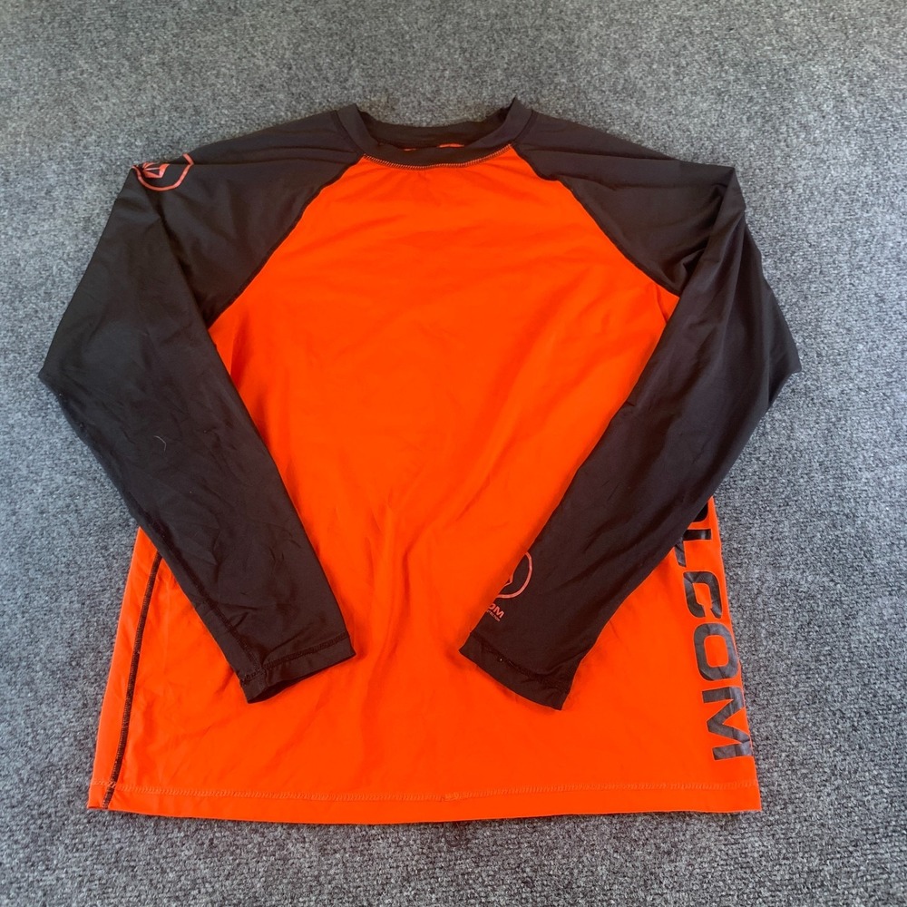 Volcom Rash Guard Shirt Mens Large Orange Black Raglan Sleeve UPF 50 Surf Swim